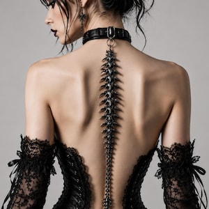 May include: A black leather choker with a metal buckle and a long, dangling spine-like attachment featuring multiple sharp, pointed segments. The accessory is worn with black lace arm sleeves and a black corset, creating a dark, structured look.