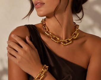 Gold-Ton-Kubanische Link-Halsketten-Armband-Set Bold Statement Schmuck