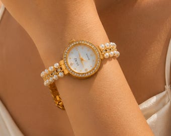 Gold Perle Strass Armband Uhr elegante Quarz Schmuck Uhr