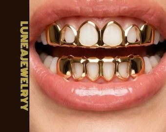 Gold Teeth Grillz Top Bottom 6 Piece Stainless Steel Hip Hop Jewelry