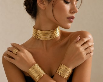 Edelstahl Gold Wire Wrapped Schmuck-Set Halskette Armband-Ring-Set