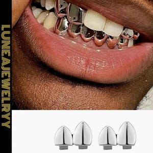 Set di grillz in argento, superiore, doppio e inferiore, sei denti, stile hip hop