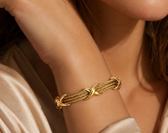 18K Gold Plated Stainless Steel Braided Cuff Bracelet Luxury Jewelry