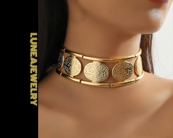 Gold Edelstahl Münzscheibe Choker Statement Kragen Halskette