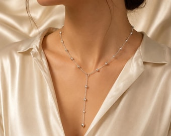 Collar largo en forma de Y con cuentas de plata de ley, joyería minimalista y delicada para combinar con otras joyas.