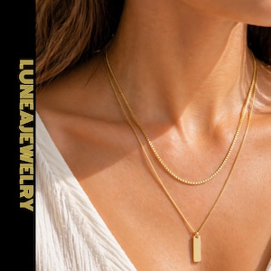Minimalist Gold Layered Halskette Edelstahl Rechteck Anhänger Doppelkette