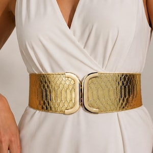 Wide Gold Elastic Waist Belt Double Buckle Stretch Dress Belt for Women