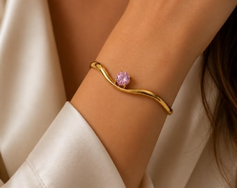 18K Vergoldetes Rosa Kristall Offene Manschette Armband Minimalistischer Luxus Schmuck