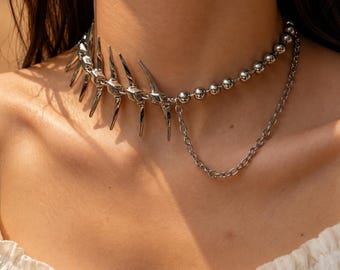 Silver Spike Choker Necklace Beaded Chain Gothic Punk Statement Jewelry