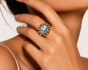 Blauer Cameo Ring aus 18K Vergoldetem Eco Messing mit Muschelperle