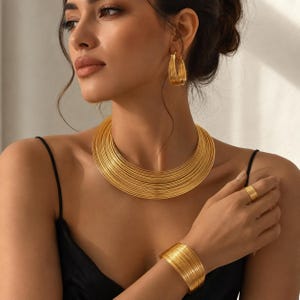 Gold Layered Metal Necklace and Open Bangle Set for Women