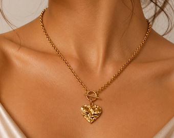 Edelstahl Herz Anhänger Halskette Gold Ton Toggle Verschluss Kette