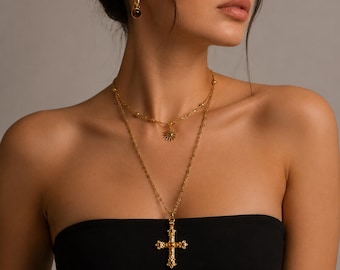 18K Vergoldete Vintage Kreuz Anhänger Halskette Christian Old Geld Schmuck