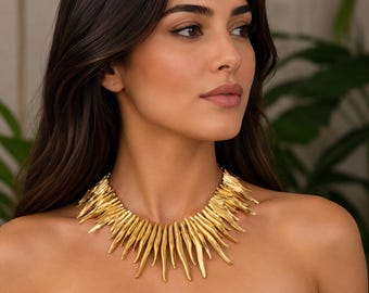 Gold Tone Statement Necklace Sculptural Asymmetrical Collar Necklace