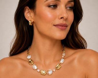 18K Vergoldete Barockperle Statement Halskette Minimalistische klobige Kette