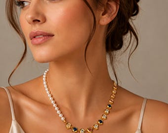 18K Gold Plated Colorful Crystal Pearl Choker Necklace Luxury Jewelry