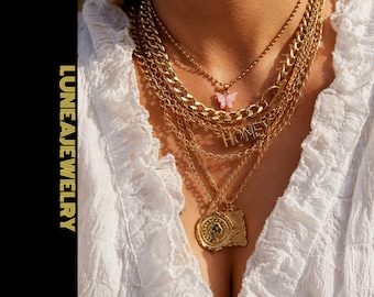Multilayer Gold Chain Necklace Butterfly Pendant Honey Letter Jewelry