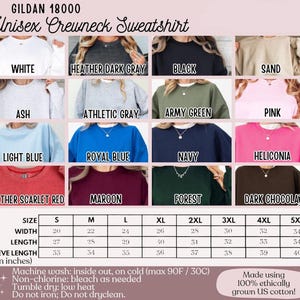 May include: A Gildan 18000 unisex crewneck sweatshirt in various colors, including white, black, and navy. Size chart shows width from 20 to 34 inches and length from 27 to 34 inches. Made with ethically grown US cotton.