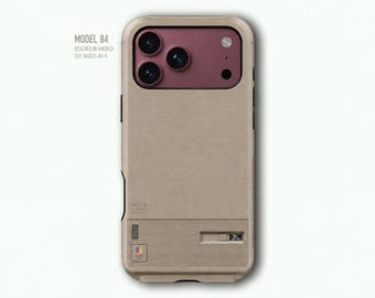 レトロなベージュのコンピューター風スマホケース、ヴィンテージプリントのテックカバー