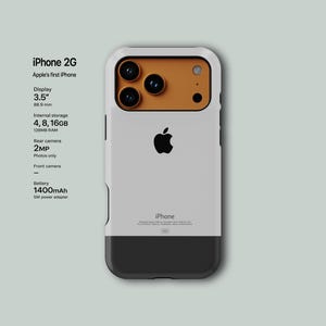 May include: A mock-up of an iPhone 2G, Apple's first iPhone, with a white and black body and a gold-colored camera module. The phone has a 3.5-inch display (88.9 mm) and a 2MP rear camera. The text on the image includes "iPhone 2G" and "Apple's first iPhone."
