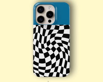 波模様のチェック柄スマホケース、レトロな白黒パターン、MagSafe対応エコケース