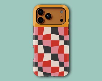 Abstract Designs Checkered Phone Case Retro Wavy Grid with Orange Accent