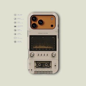 May include: A beige smartphone case designed to resemble a vintage cassette player. The back features a camera module, a frequency spectrum display, volume and balance knobs, a cassette tape slot, and various playback control buttons.