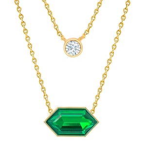 Halsband med lager av smaragd, 18K guldplätering, rubinrött geometriskt hänge, dubbelkedjat solitärhalsband