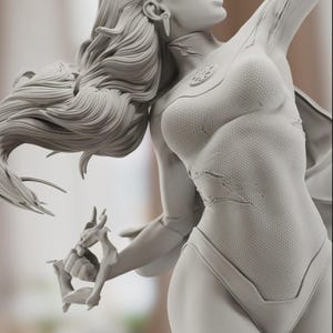 K&ouml;nnte beinhalten: Eine graue Skulptur einer Frau in dynamischer Pose, mit flie&szlig;endem Haar und einem detaillierten Body. Die Figur ist mit aufwendigen Texturen modelliert und hat einen Umhang. Die Skulptur ist ein Sammlerobjekt.