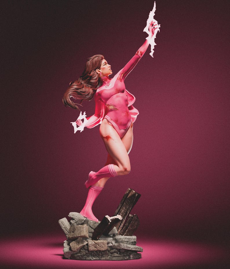 K&ouml;nnte beinhalten: Dynamische Figur einer Frau in einem rosa Body und Umhang, die wei&szlig;e Energieausbr&uuml;che h&auml;lt. Die Figur ist in einer Sprungbewegung dargestellt, mit langen, braunen Haaren. Der Sockel ist ein felsiges Gel&auml;nde mit Holzbalken, vor einem tiefrosa Hintergrund.