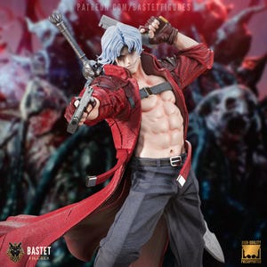 May include: A detailed figurine of a muscular character with white hair, wearing a red coat and gray pants. The figure is holding a gun and a large sword. The text "PATREON.COM/BASTETFIGURES" is visible at the top. The Bastet Figures logo is at the bottom.