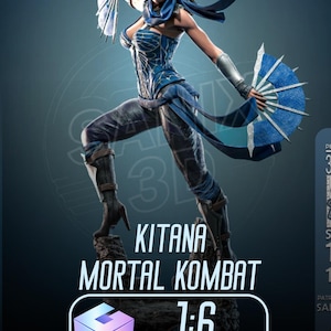 Puede incluir: Estatua de resina coleccionable de Kitana de Mortal Kombat. La figura está en una pose dinámica, vestida con un atuendo azul y plateado y sosteniendo dos abanicos azules. La escala de la figura es 1:6.