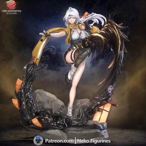 Könnte beinhalten: Detaillierte Figur eines weiblichen Charakters mit weißen Haaren, der eine gelbe Jacke, ein schwarzes Outfit und Stiefel trägt. Die Figur hat einen großen schwarzen Flügel und posiert auf einem felsigen Sockel mit einer Laterne. Der Text "Pre-supported in Lychee" und "Patreon.com | Neko Figurines" ist enthalten.