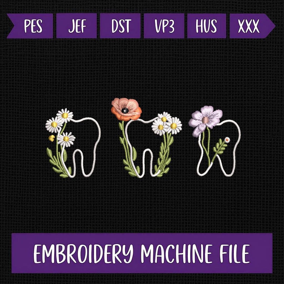Floral Tooth Embroidery Design | Cute Dental Flowers Tooth Outline ...