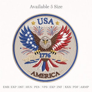 Diseño de bordado del águila de EE. UU. 1776, parche patriótico de águila calva con la bandera estadounidense, bordado del Día de la Independencia y del 4 de julio.