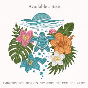 Tropical Sea Turtle Embroidery Design, Floral Ocean Pattern, Hibiscus Flower Machine Embroidery File, Summer Beach Design Digital Download