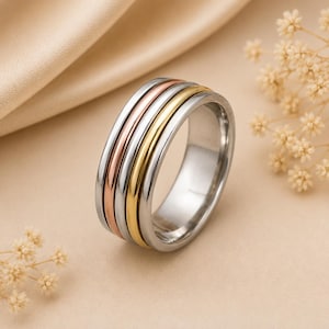 Tri-Color Mixed Band Spinner Ring, Unisex Stacking Band, Minimalist Three-Tone Jewelry