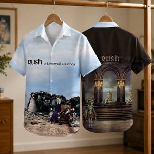 May include: Two short-sleeved button-down shirts featuring the Rush A Farewell to Kings album artwork. The left shirt displays a sky and landscape scene with a figure in a chair. The right shirt shows a dark stone archway, a throne, and a creature.