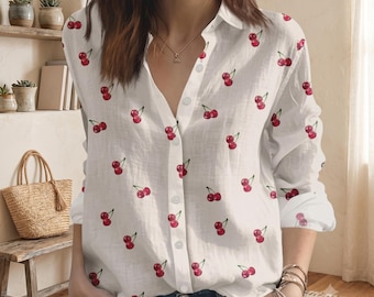 Joli chemisier pour femme à imprimé cerises, chemise boutonnée blanche en lin flammé, tenue décontractée d'été à motifs de fruits, haut de style vintage doux