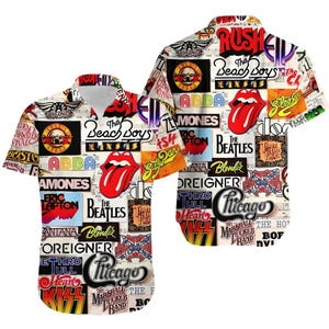 May include: A short-sleeve button-down shirt featuring an all-over collage print of various classic rock band logos and names, including The Beatles, The Rolling Stones, Rush, ABBA, and Kiss, set against a light background with musical staff lines.