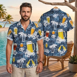May include: A short-sleeved button-down shirt featuring a dark blue geometric pattern with white palm trees, hibiscus flowers, and various beer glasses filled with golden liquid. The shirt has a collar and a front button closure.