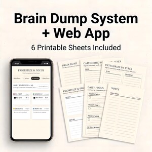 Könnte beinhalten: Ein Smartphone mit einer Web-App-Oberfläche zur Aufgabenverwaltung neben sechs cremefarbenen, bedruckbaren Blättern mit schwarzem Text. Die Blätter enthalten Überschriften wie Brain Dump, Categorize by Types, Prioritize & Focus und Notes.