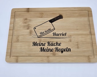 Bamboo cutting board with laser engraving "Here, my kitchen cooks, my rules" Kitchen board 20x30x1.2 cm Gift idea sustainable, robust