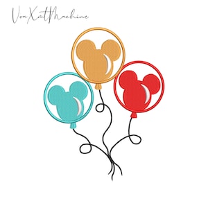 Diseño de bordado de globos de ratón, trío de globos estilo Mickey con un lindo contorno minimalista, tema para celebración de fiesta de cumpleaños