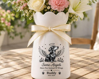 Jarrón de cerámica personalizado con forma de perro salchicha, regalo personalizado para recordar a tu mascota fallecida, jarrón conmemorativo para mascotas "Puente Arcoíris", "Amado por siempre".