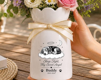 Custom Beagle Dog Memorial Ceramic Flower Vase, Personalized Dog Loss Gift, Rainbow Bridge Pet Memorial Vase, Forever Loved Beagle