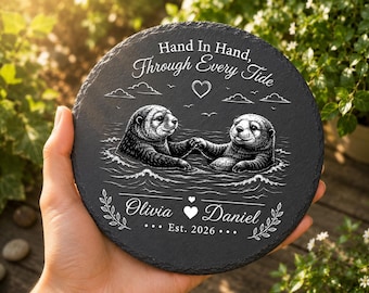 Custom Couple Names Wedding Gift, Sea Otters Holding Hands Slate Plaque, Anniversary Gift for Husband Wife, Newlywed Keepsake
