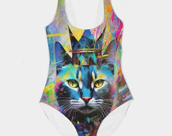 Women's All-Over Print One-Piece Swimsuit Regal Feline Fantasy, Cat Lovers Gift, Unique Cat Lady Swimsuit, Cat Art