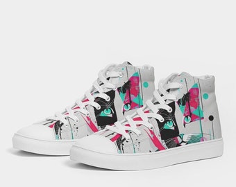 Women's High-top Canvas Shoe Electro Pop Cat Women's High-Top Canvas Shoes Modernist Meow Collection, Cat Lovers Gift, Unique Canvas Shoes