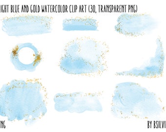 Light Blue and Gold Watercolor clipart, transparent PNG, Gold clip art, watercolor transparent clipart, watercolor splashes clip art